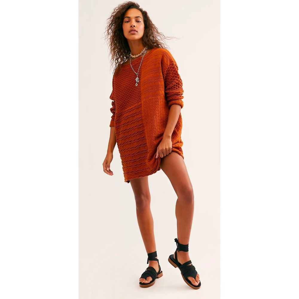 Free People Shes A Keeper Textured Sweater Dress Rust Orange Boho Oversized L - Picture 11 of 14